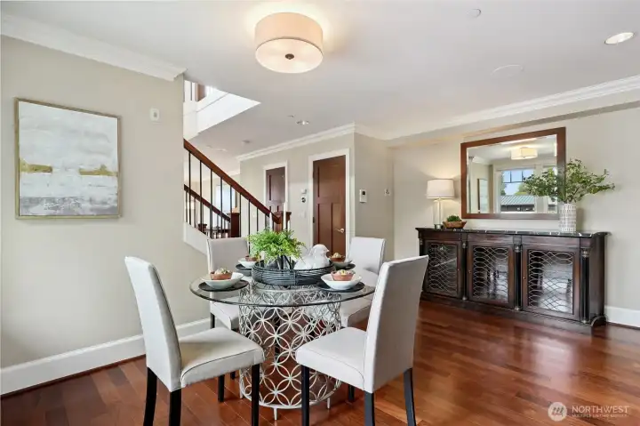 Spacious dining room works beautifully with round, rectangular, or square tables.