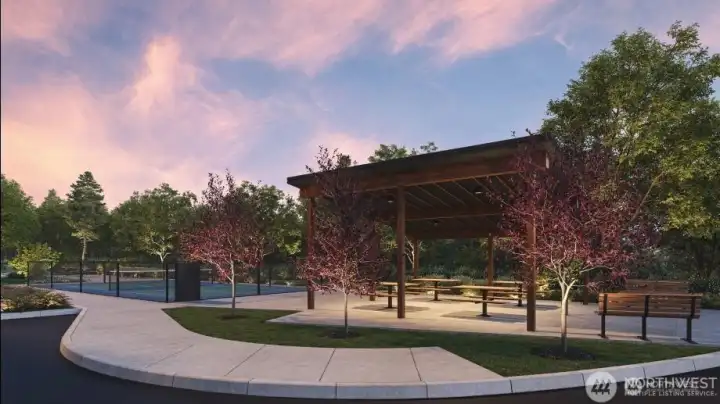 Rendering of covered picnic area and pickleball court Rendering of covered picnic area and pickleball court