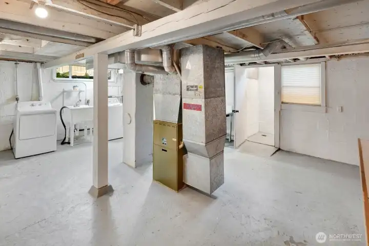 Partially finished basement with laundry, shower, furnace, hot water heater and plenty of storage space.