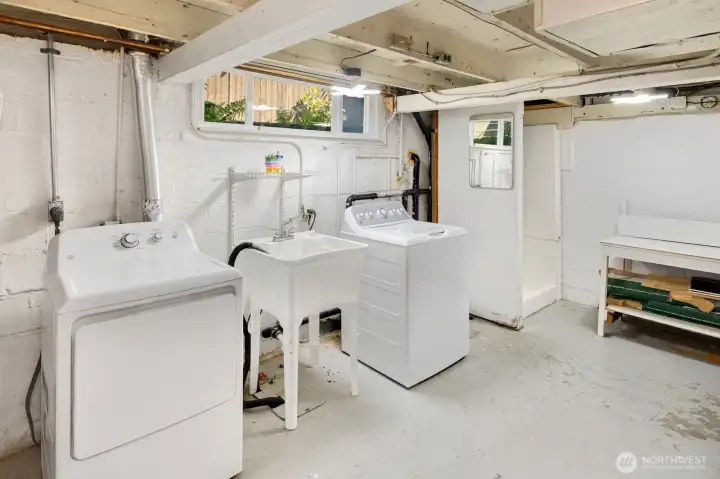 Washer and Dryer included in the purchase.  Shower makes a great dog bath!  There's also a stub-out for toilet here, if desired.