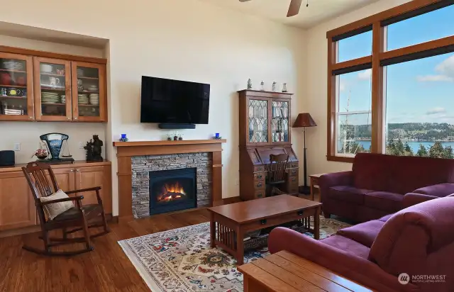Propane fireplace for those cozy nights. Mounted TV conveys. Beautiful built-ins. You will love all the storage in this home. 12ft ceiling in this room.