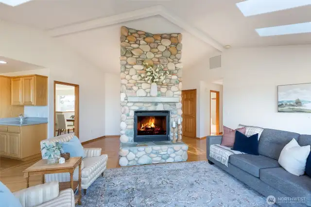 Stunning river rock fireplace!