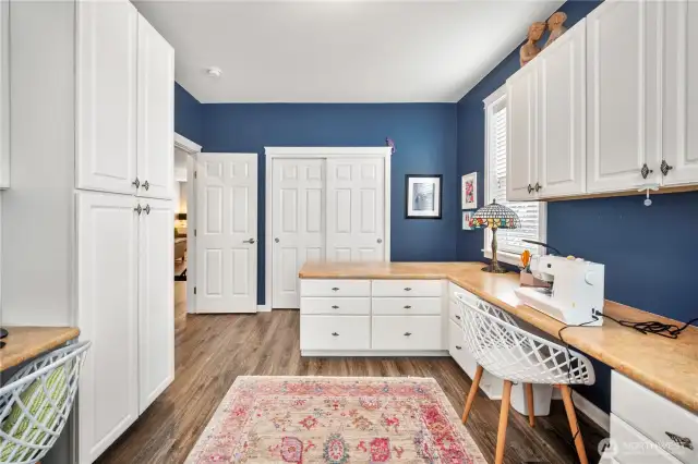 French doors lead into this amazing office which also has a closet.