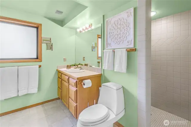 Generously Sized Lower-Level Bathroom: A beautifully appointed space featuring a modern walk-in shower, designed for comfort and ease with ample room to move and relax.