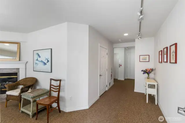 Main lobby, door on left is to storage units and elevator at end of hallway