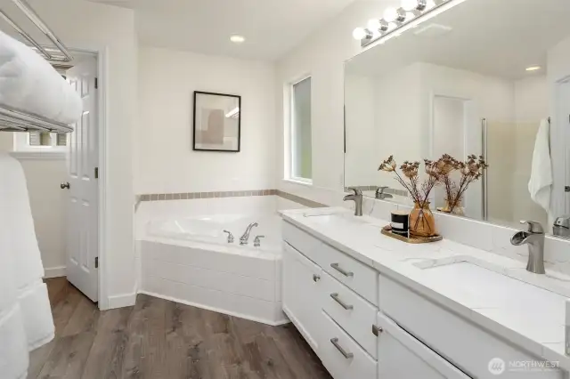 The 5 piece primary bathroom with soaking tub.