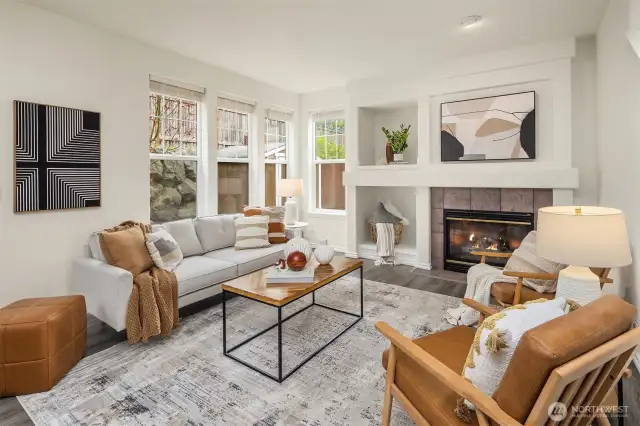 Spacious living area with  fresh paint and flooring.