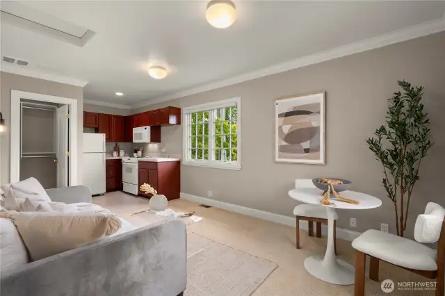 Guest house kitchen, living and dining space with a full bathroom + closet.