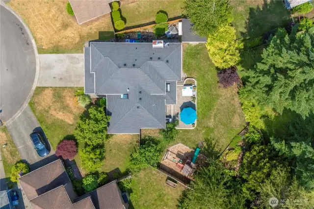Ariel view of the home reflecting privacy, mature trees, and endless possibilities.