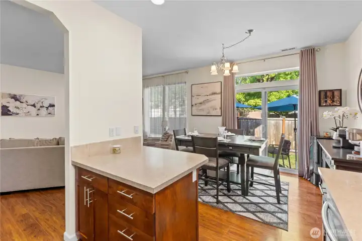 Island has space for casual dining with barstools