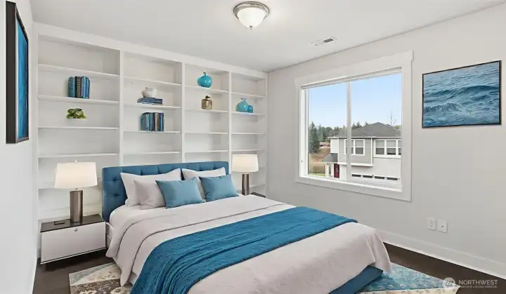 Bright and airy guest room virtually staged to highlight its built-ins and relaxing atmosphere