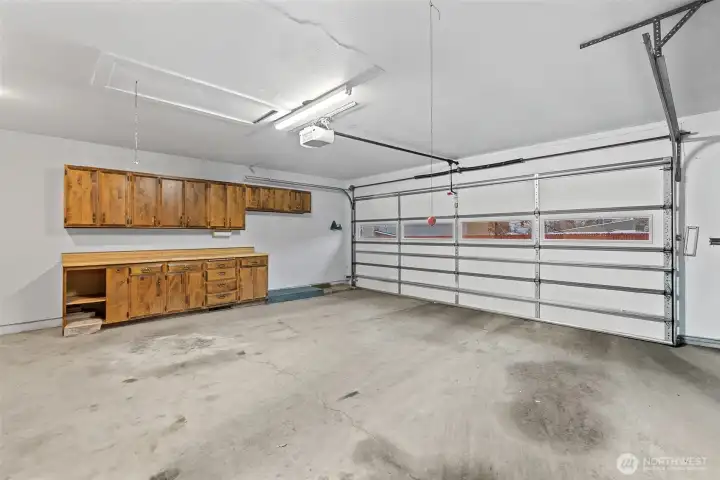 Interior of 2 Car Garage with Cabinets & Storage