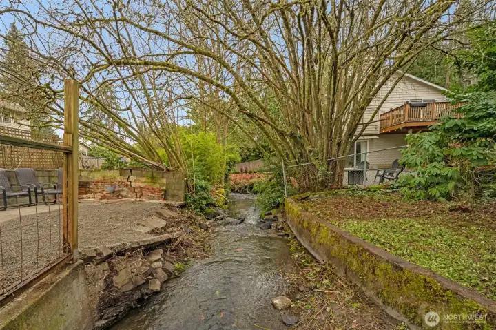 North branch of creek bisects backyard on South side creating an extra private greenbelt hill.