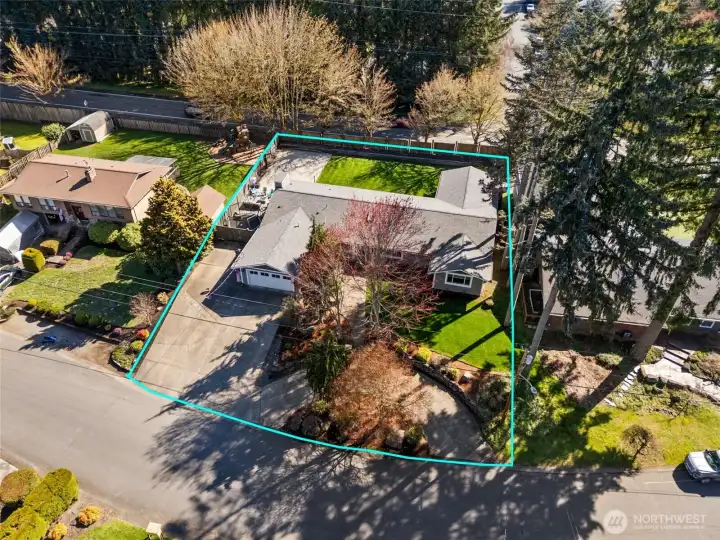 From this vantage point, the scale of the property really stands out. The outlined lot shows a true sense of space with .3647 acres that feel open and usable, not squeezed in. This 3,428 square foot home, originally built in 1970, has been taken through a major remodel that brings it forward in all the right ways. The surrounding streets are noticeably wider than average, which means guests have room to park comfortably even before you factor in the oversized driveway and circular drive on the property. It’s a setup that makes entertaining feel easy instead of complicated. The newer roof is another solid checkmark, and the neighboring homes reflect a consistent level of care that adds confidence to the setting. Behind the home, you’ll notice the tree-lined sidewalk along North Street, adding a nice sense of space and greenery without sacrificing privacy.