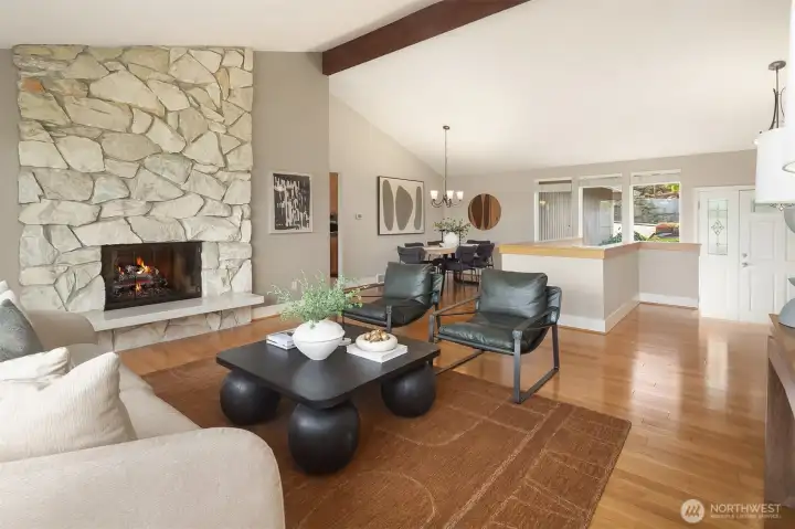 Vaulted Ceilings, open concept and high quality gas fireplace.