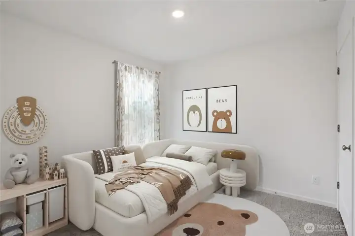 Bedroom for guests and children. Photo is representational. Actual home is under construction. Colors, materials, and features may vary. See site agent for details.