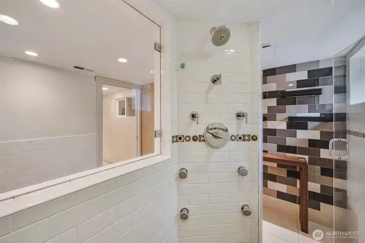 Walk in shower with multiple heads