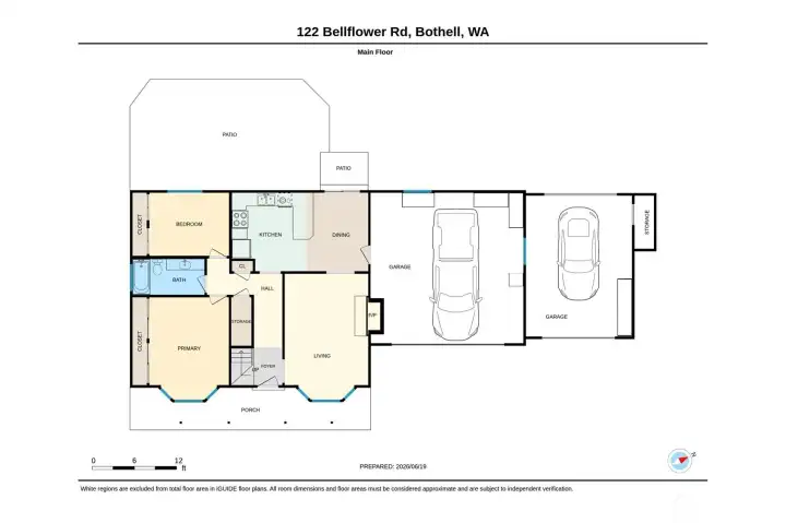 Main level floor plan with both a two-car and a one-car attached garage. (Sketch shows two cars.)There is a wood storage shed on the west side of the one-car garage.