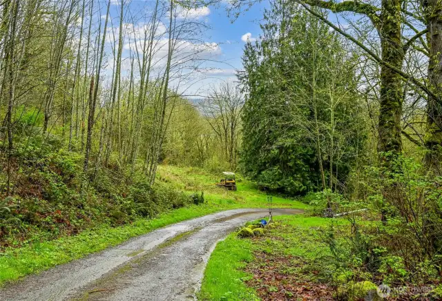 Vacant land starts near parked bulldozer at top of hill