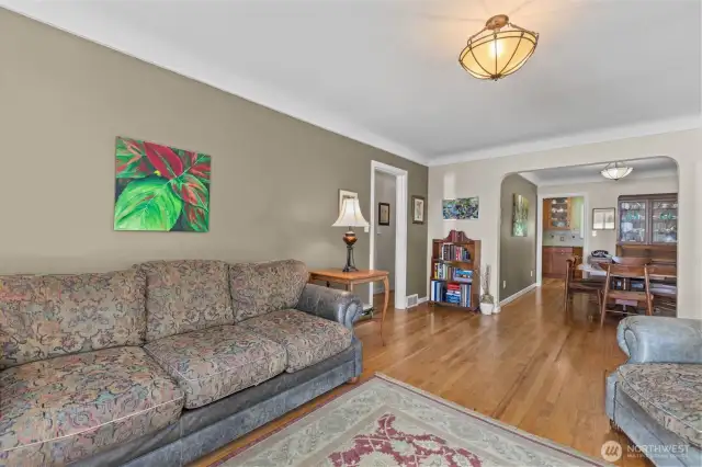 View from the living room to dining room and kitchen.