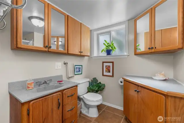 3/4 bath on lower level, ceramic tile flooring.