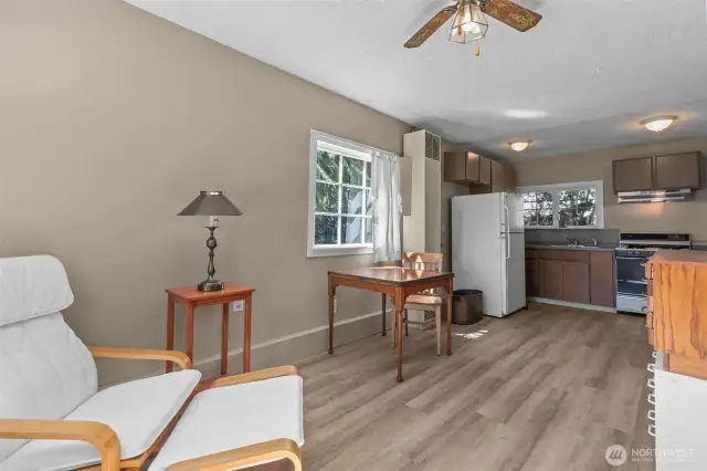 Entrance to detached ADU (480 sf). ADU has 1bed, 3/4 bath, sitting area, and kitchen.