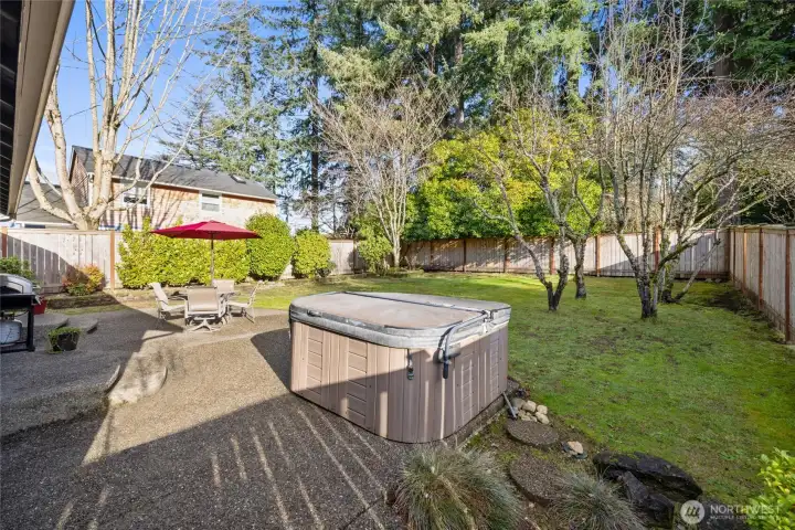 With a patio, hot tub & fruit trees, this yard still has room for more possibilities!