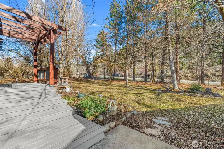 Pergola & Deck Area -  Charming pergola and expansive deck create the perfect setting for outdoor dining, entertaining, or relaxing under the trees.