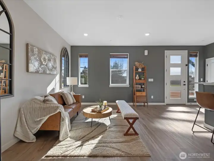 Open floor plan from living room to kitchen.