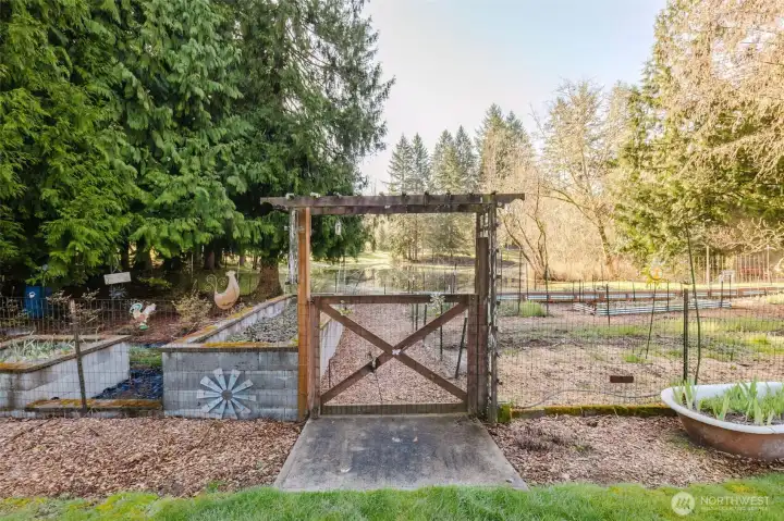 Large garden space with raised garden beds