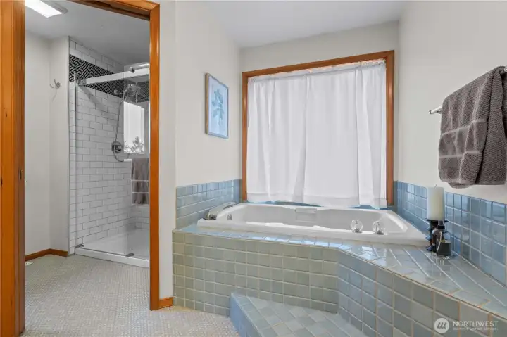 Nice soaking tub and full updated walk in shower