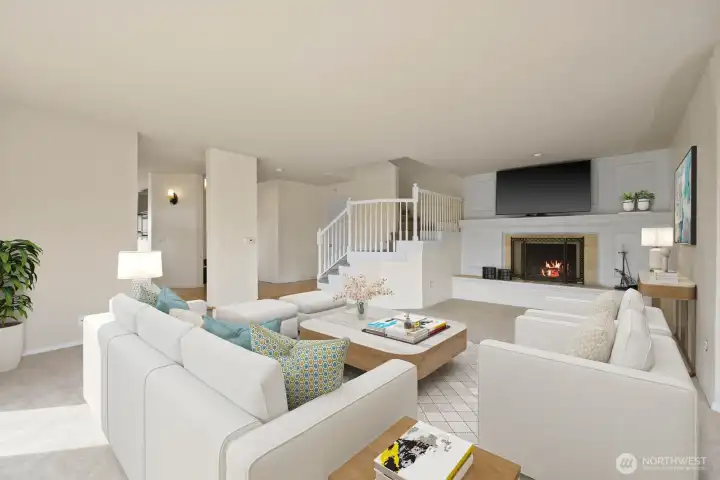 Virtually staged to highlight how this space naturally centers around the fireplace, creating a comfortable layout for both everyday living and hosting.
