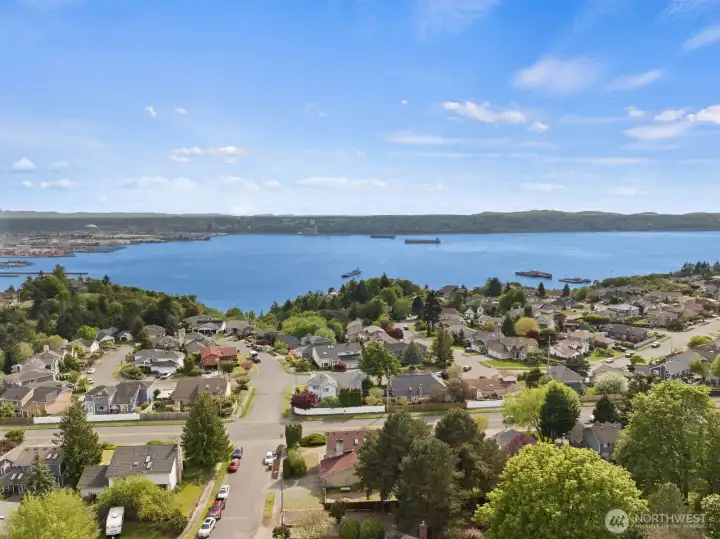 Wide aerial capturing the broader community and water views, helping buyers understand not just the home, but where it sits within the neighborhood.