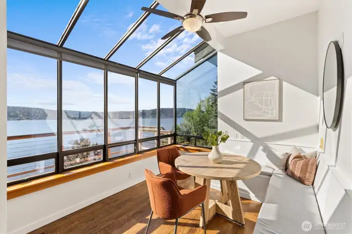Sunlit mornings start here. The built in seating is ready for lounging.