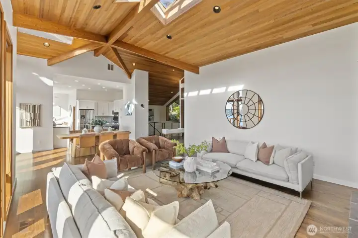 Vaulted cedar ceilings steal the show! A fresh coat of designer paint has been added.