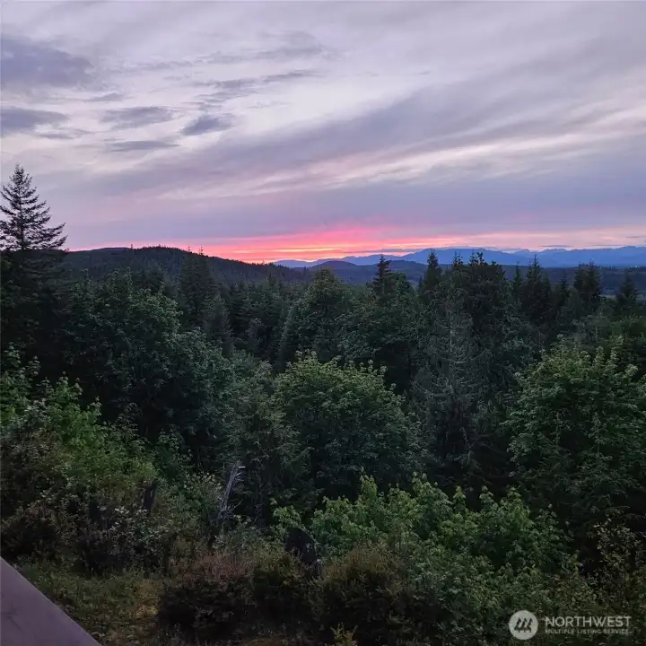 The sunrise views from this property genuinely feel cinematic, especially as the first light starts spilling across the Olympic Mountains and surrounding forests below. It is the kind of scenery that changes constantly depending on weather and season, yet somehow never stops feeling dramatic or calming at the exact same time. Reaching the property itself adds to that retreat-like experience too because the long private driveway winds gradually through the acreage before opening up to the homesite at the top of the mountain, creating a wonderful sense of arrival and separation from the outside world. There is a small easement located only at the final bend in the driveway for access beyond, while the vast majority of the driveway belongs entirely to this 20.1-acre parcel. Power and the well infrastructure are located lower on the property near the base of the drive, while the home itself sits elevated above it all surrounded by privacy, forest and endless Pacific Northwest scenery.