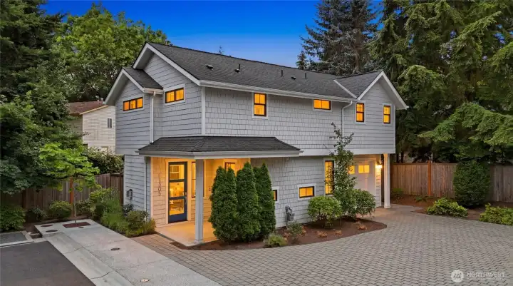 Front of home at twilight.
