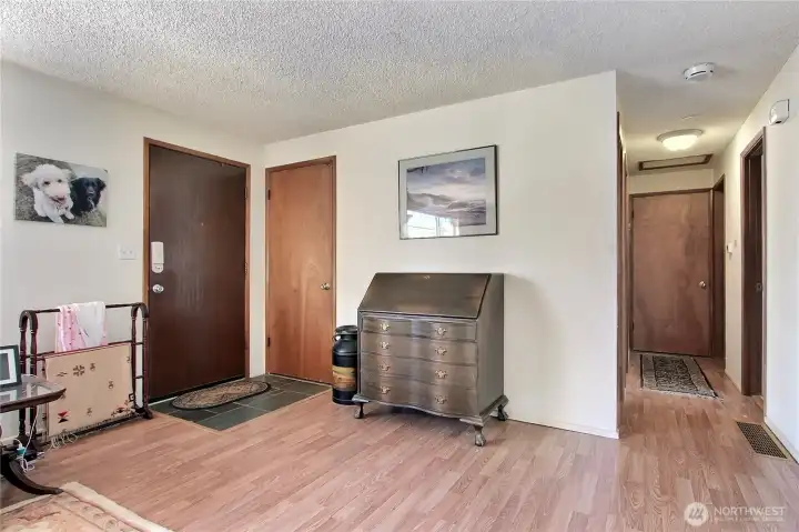 Entryway lead to bright wide open living room. Home has plenty of storage.