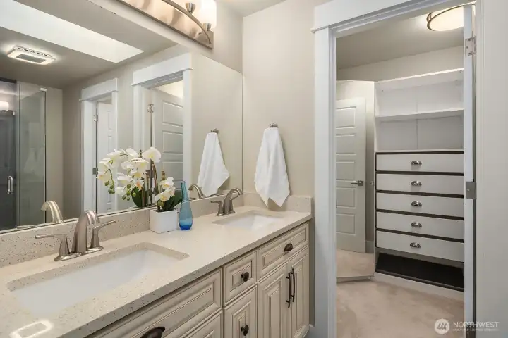 Primary bathroom with walk-in closet.