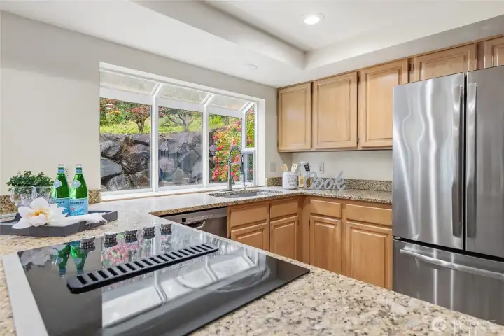 Kitchen with bay window.