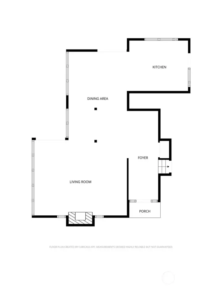 Floor plan for main living area of the home.  Living room and dining room both offer access to the deck.  And the kitchen provides access to a lovely side yard.