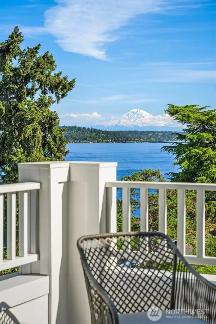 View of Mt. Rainier from primary bedroom and upper office deck.