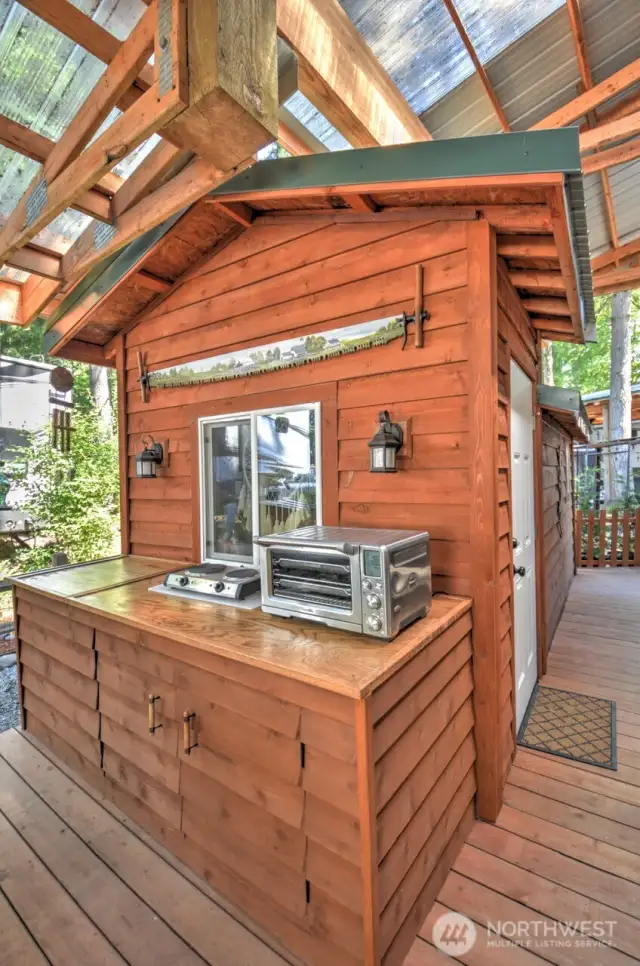 Outdoor enclosed cabinet for storage and freezer