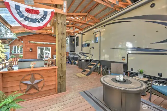 Deck is fully covered for entertaining/BBQ
