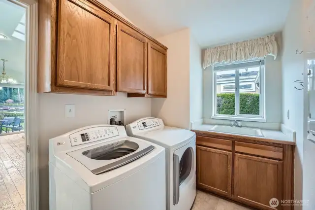 There is a separate laundry room with sink.  The washer and dryer will stay.