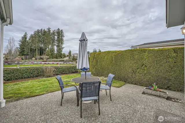 Patio and outdoor space overlook the community open area and tranquil waterfall.