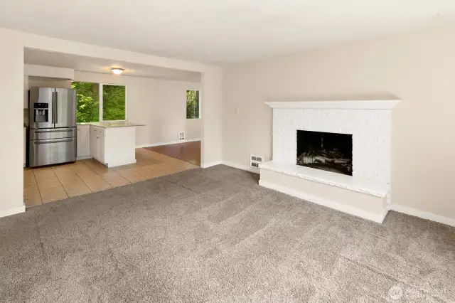 living room into dining room and kitchen