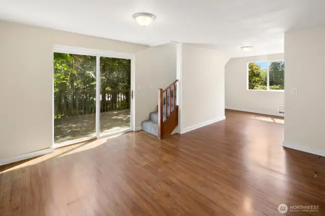 Dining room looking toward den/office and stairs to tower