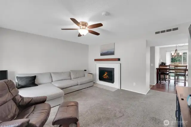 Fireplace is wood burning for cozy days inside.