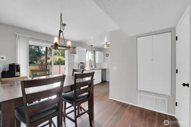 Kichen features a pantry behind the garage door entry